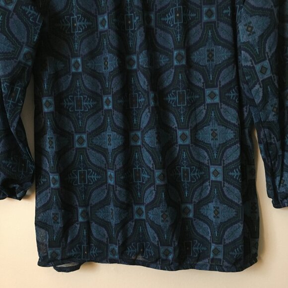 Moody Blue Semi Sheer V-neck Tribal Boho Blouse - Picture 7 of 15